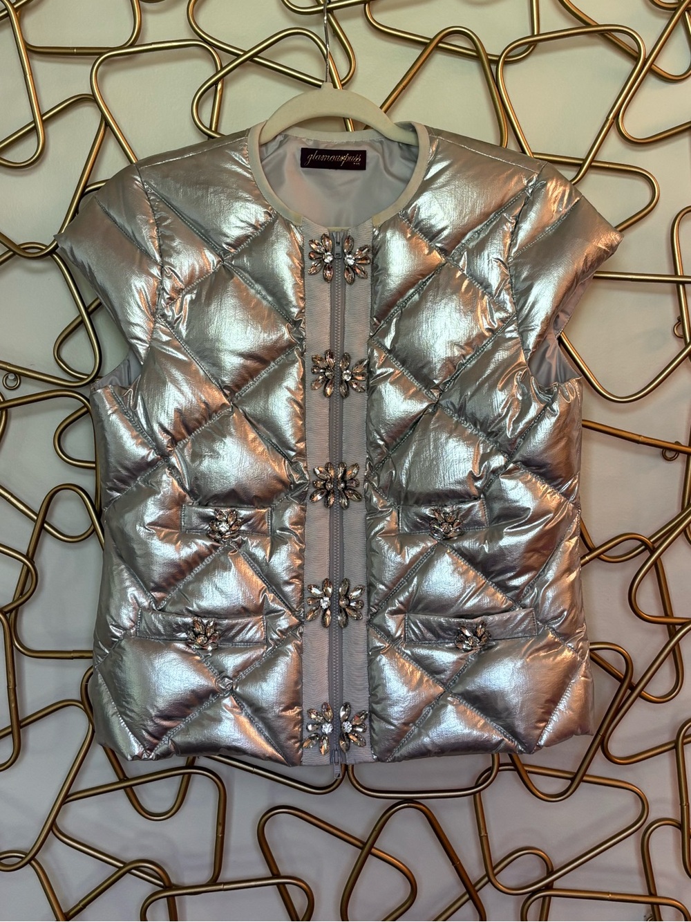 Glamourpuss Metallic Silver Quilted Puffer Vest